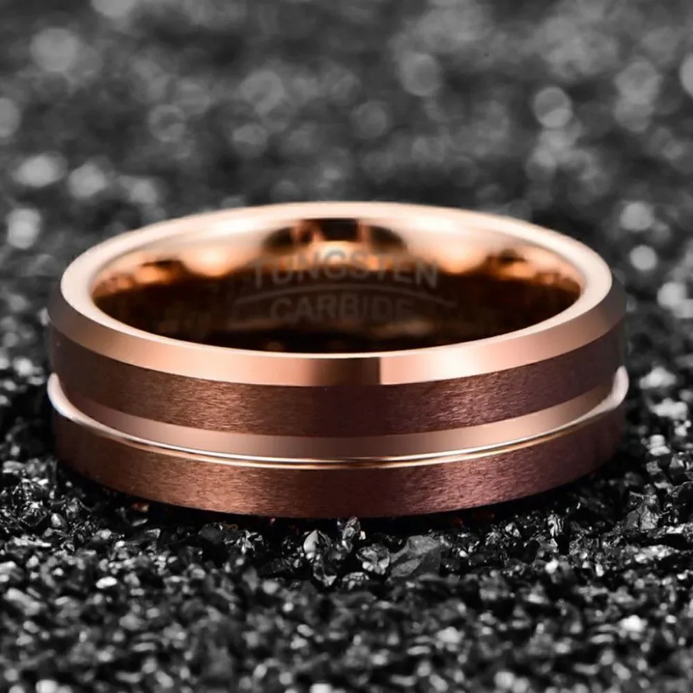 Engraved Men's Real Copper Brown Tungsten Wedding Ring - Rose Gold Center Groove